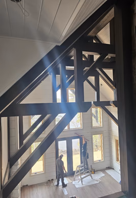 Timber framing and window wall inside log home